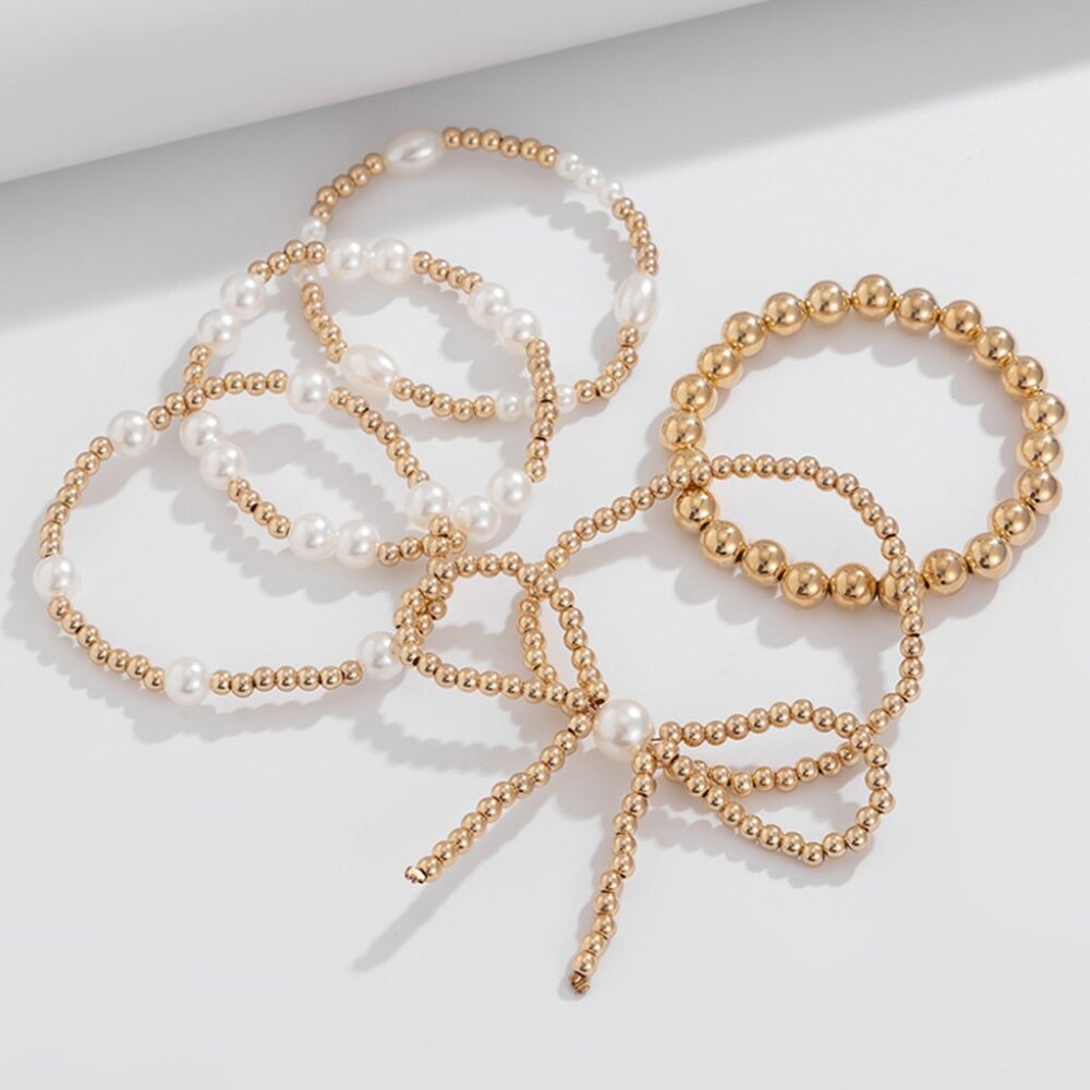 B262 Gold Bow Knot Pearl Beaded Multi Layered Bracelet Set - Picture 2 of 5